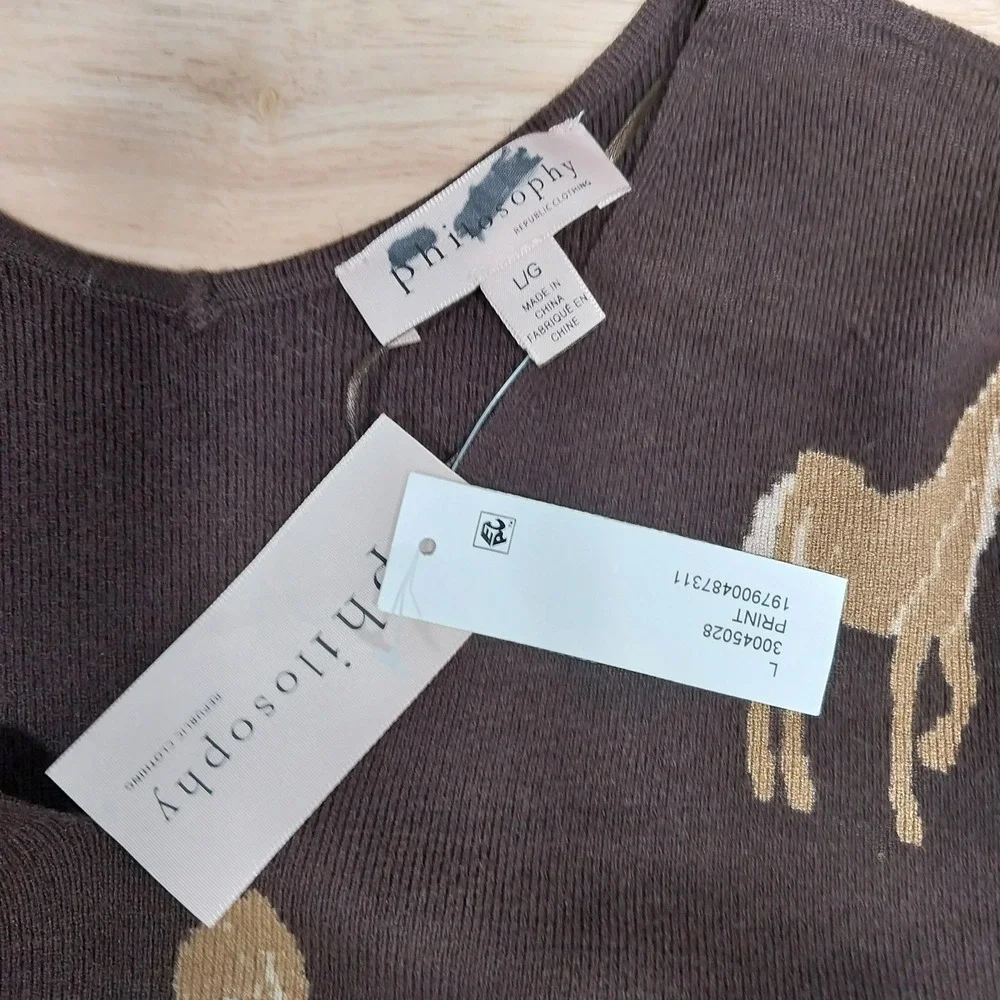 Philosophy Sweater Horse Intarsia Women V-Neck Knit Large Brown